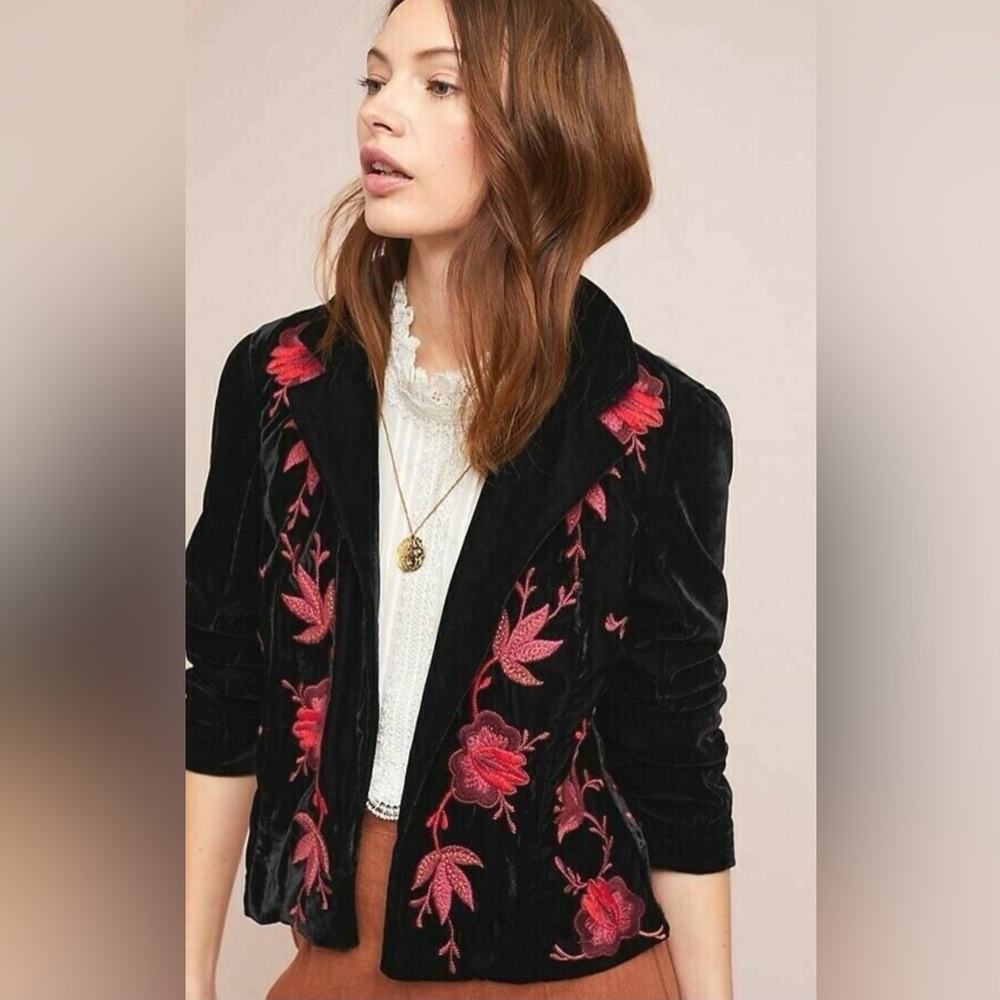 Anthropologie ETT:TWA Black Crushed Velvet Floral Embroidered Blazer Jacket S